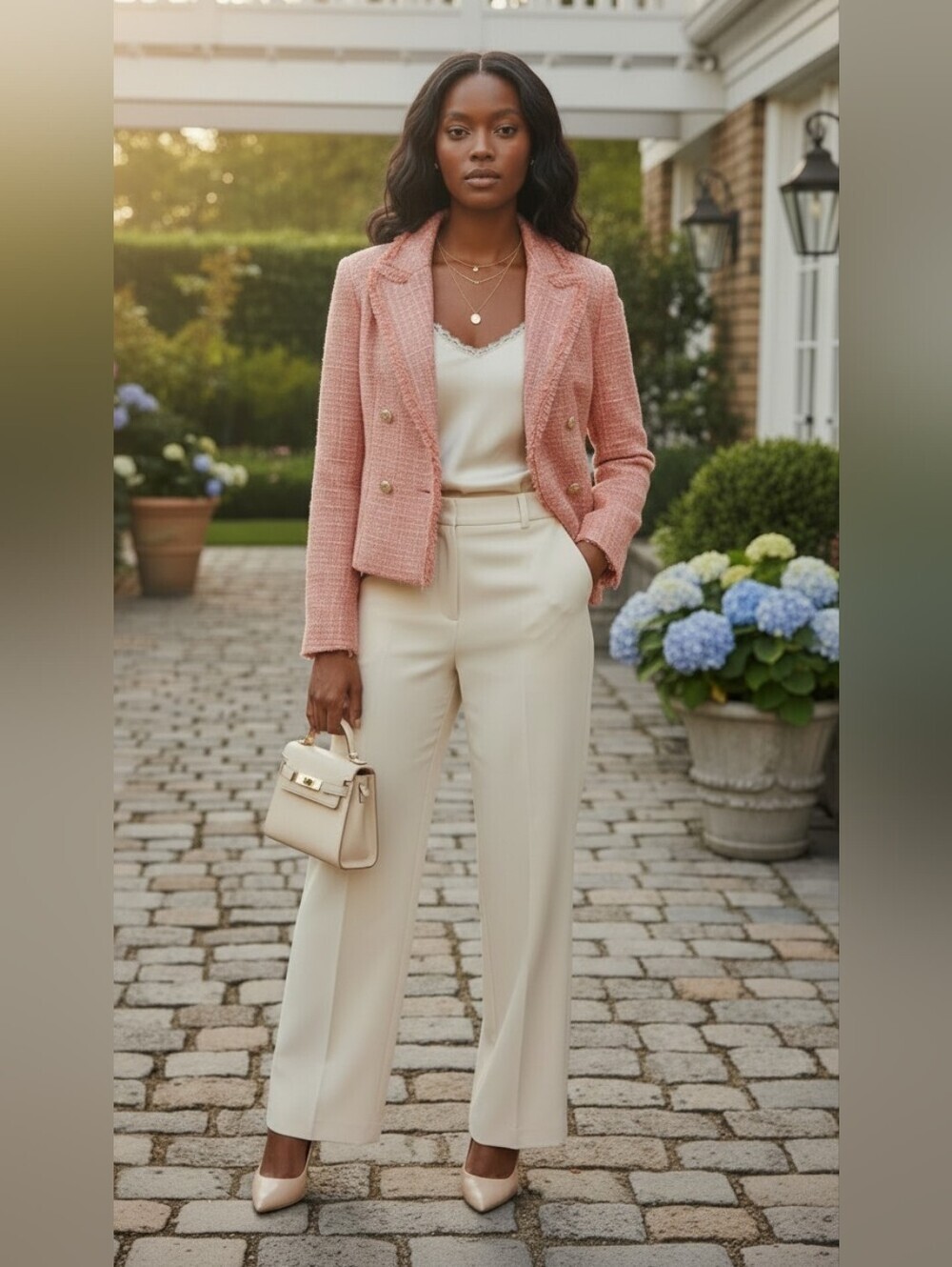 She + Sky Coral Tweed Blazer Gold Crest Buttons Cropped Jacket Medium